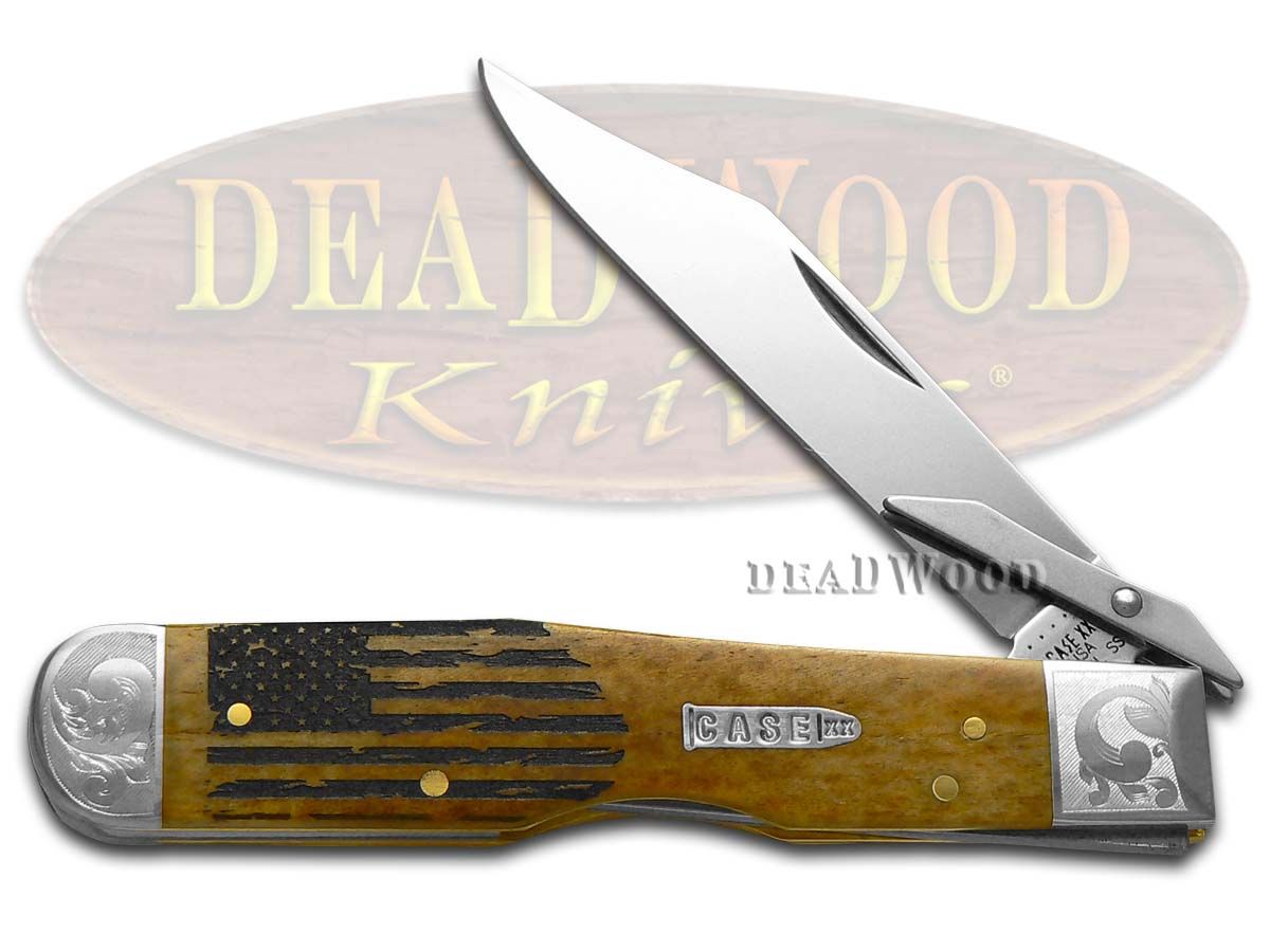 Case XX™ USA Flag Antique Bone Cheetah Scrolled 1/200 Stainless Pocket Knife