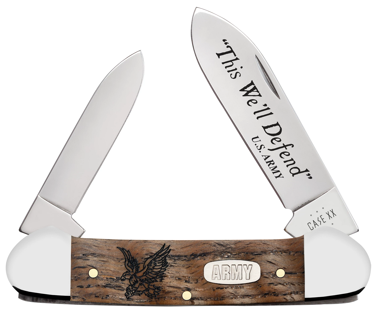 kuri 页 Case XX U.S. Army Canoe Natural Curly Oak 15055 Stainless Steel