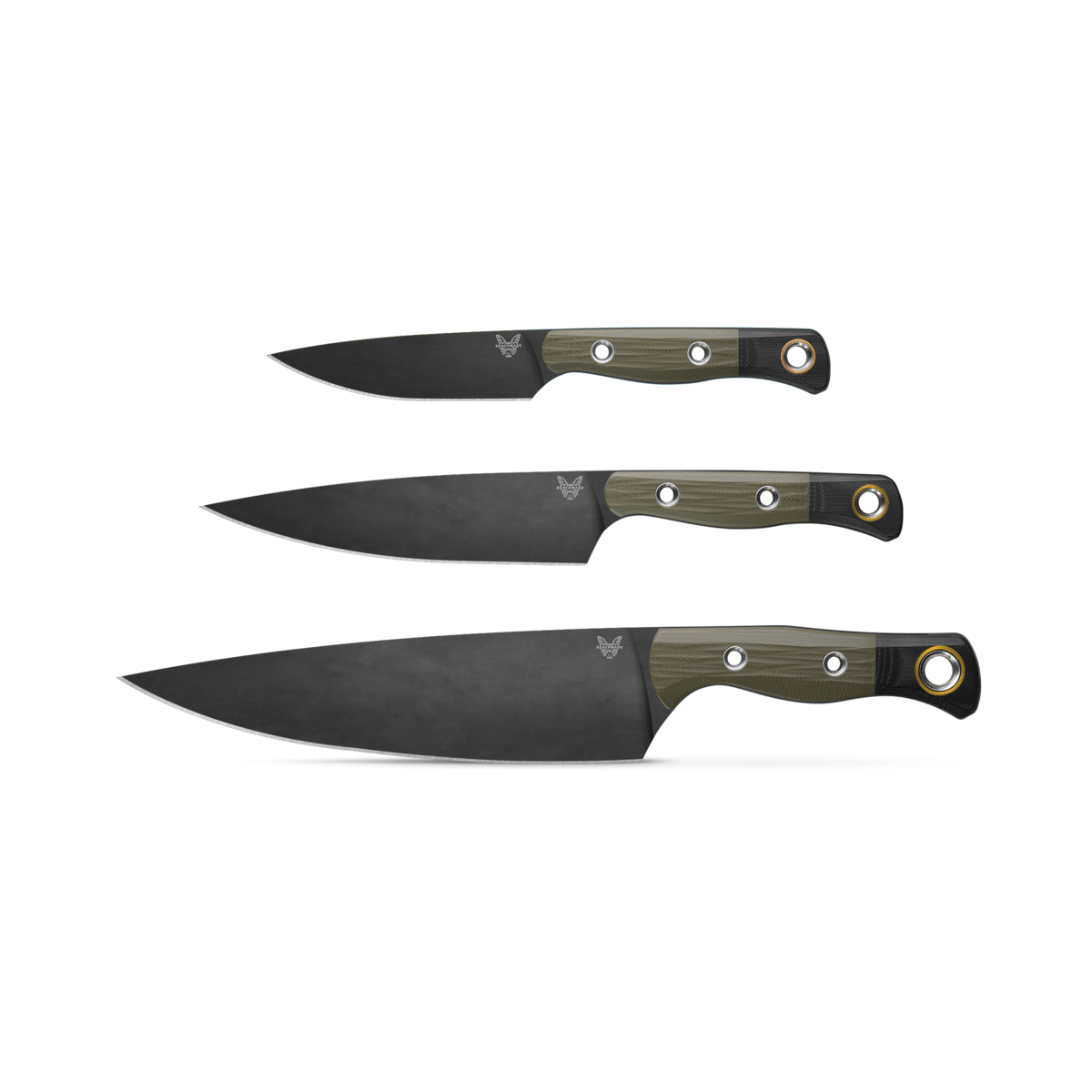 Benchmade 3 Piece Kitchen Knife Set, Black Blades, OD Green G10 Handles  with Black G10 Bolsters - KnifeCenter - 4000BK-01