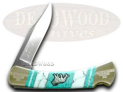 Buck 110 Yellowhorse Folding Hunter Knife Lion White & Blue Turquoise 1/25