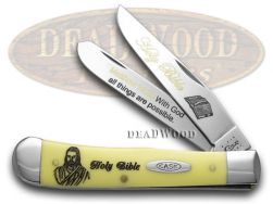 Case xx Trapper Knife Holy Bible Matthew 19:26 Yellow Delrin 1/500 Stainless